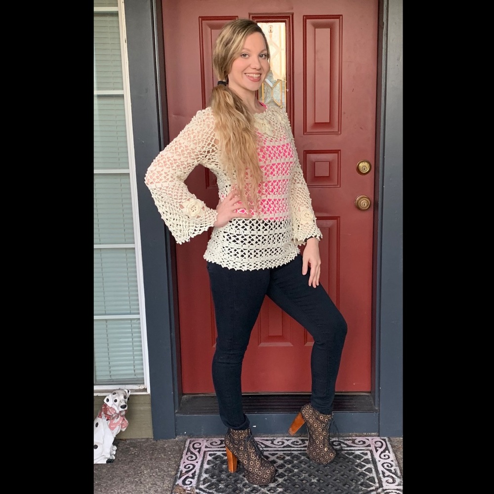 1960s LeRoy Knits Open Knit White Tunic Sweater
